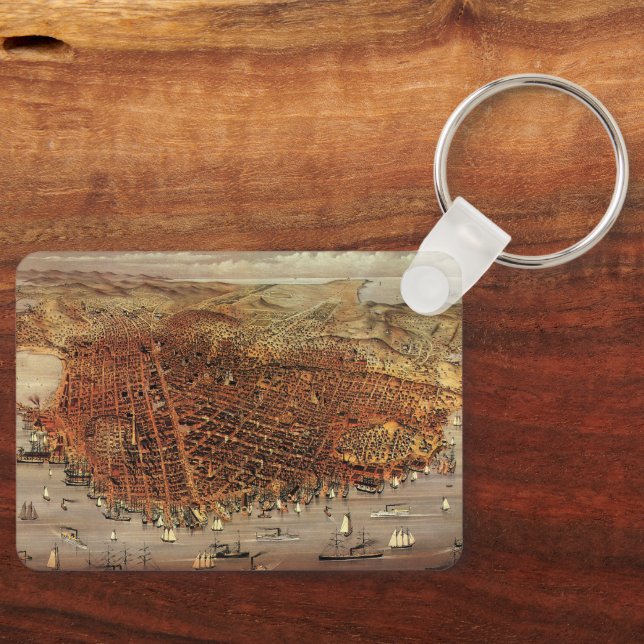 Antique Aerial Map, San Francisco City, California Keychain (Front)