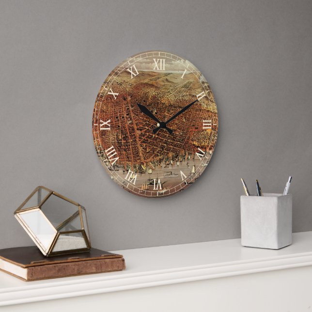 Antique Aerial Map, San Francisco City, California Large Clock (Office)