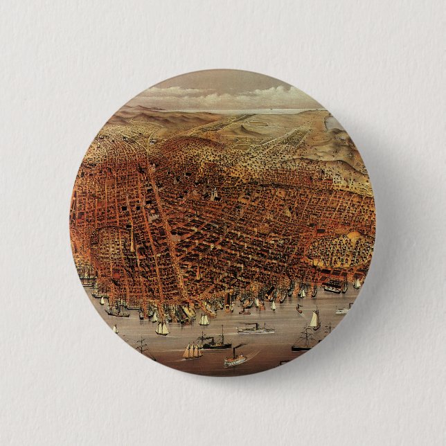 Antique Aerial Map, San Francisco City, California Pinback Button (Front)