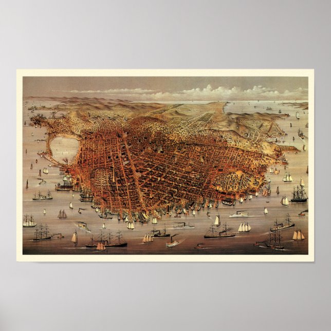 Antique Aerial Map, San Francisco City, California Poster (Front)