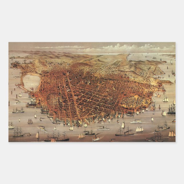 Antique Aerial Map, San Francisco City, California Rectangular Sticker (Front)