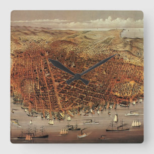 Antique Aerial Map, San Francisco City, California Square Wall Clock