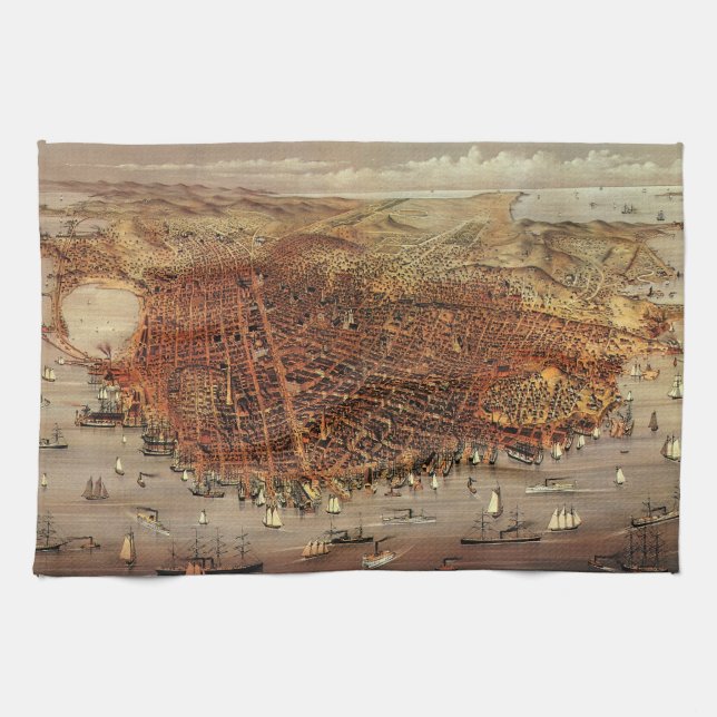 Antique Aerial Map, San Francisco City, California Towel (Horizontal)