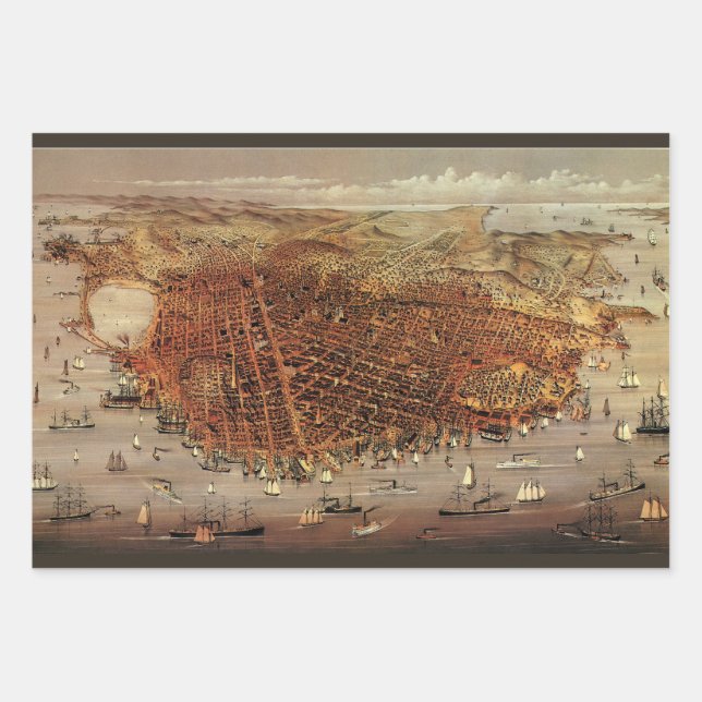 Antique Aerial Map, San Francisco City, California Wrapping Paper Sheets (Front)
