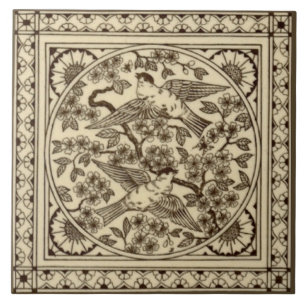 Antique Aesthetic Japanese Sepia Bird Tile Repro