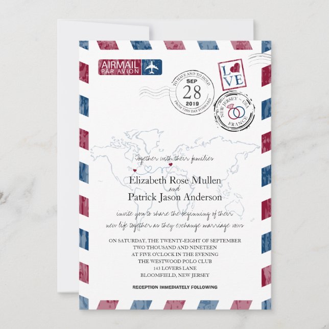 Antique Airmail New Jersey and France | Wedding Invitation (Front)