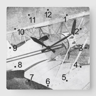 Antique Airplane Biplane Retro Square Wall Clock