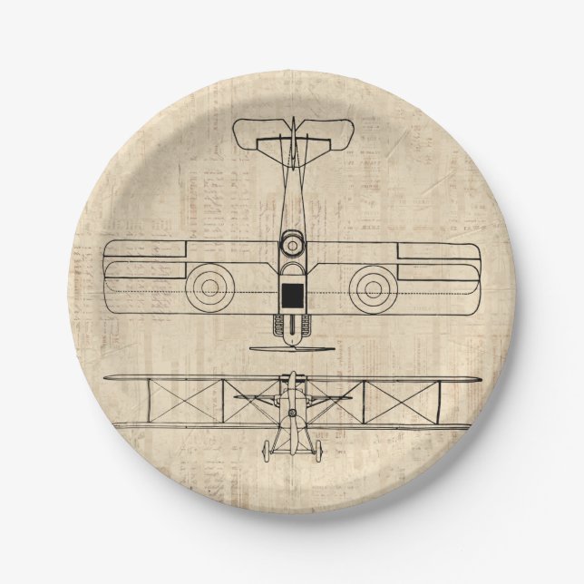 Antique Airplane Diagrams Vintage Plane Art Paper Plates (Front)