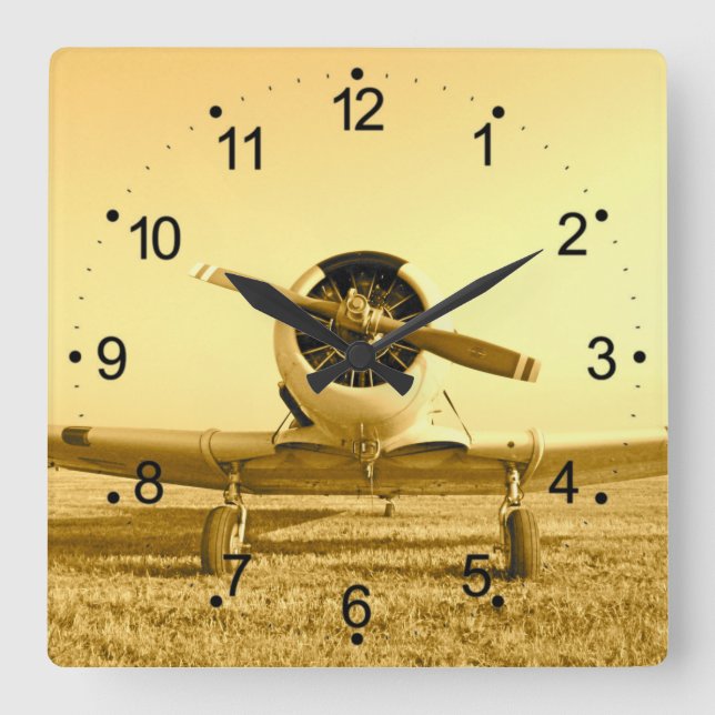Antique Airplane Golden Yellow Propeller Square Wa Wall Clock (Front)