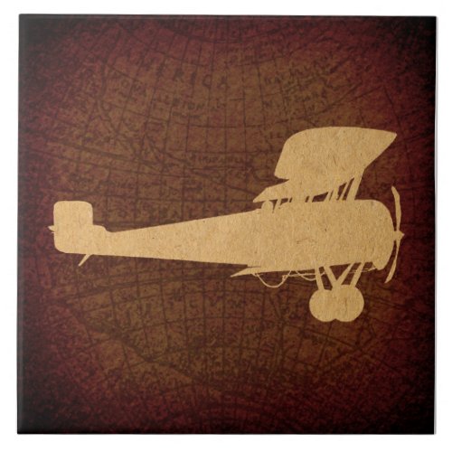 Antique Airplane Silhouette Plane  Brown Map Art Ceramic Tile