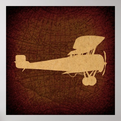 Antique Airplane Silhouette Plane  Brown Map Art Poster