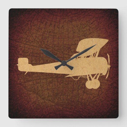 Antique Airplane Silhouette Plane  Brown Map Art Square Wall Clock