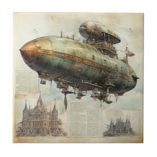 Antique Airship Blueprint Sepia Technical Ceramic Tile (Front)