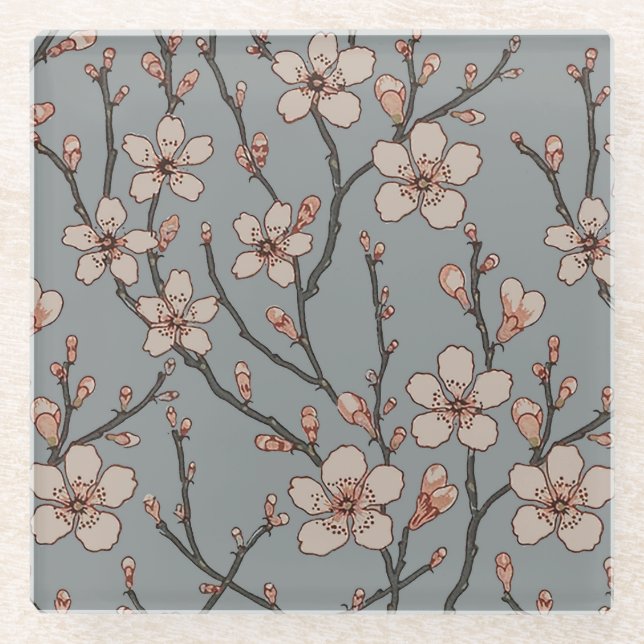 Antique Almond Blossom Art Nouveau Pattern Glass Coaster (Front)