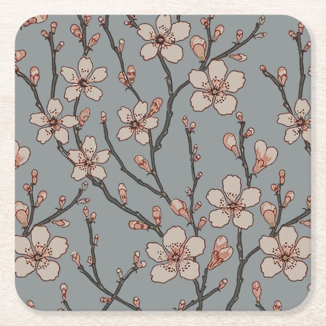 Antique Almond Blossom Art Nouveau Pattern Square Paper Coaster (Front)