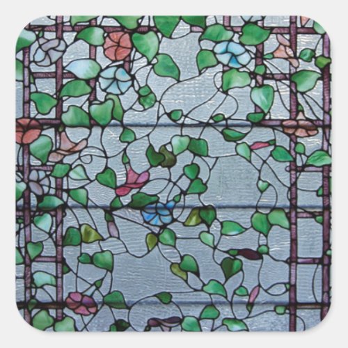 ANTIQUE AMERICAN STAINED GLASS _MORNING GLORY VINE SQUARE STICKER