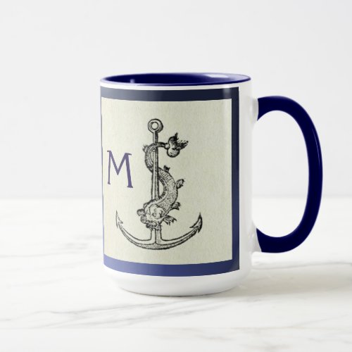 ANTIQUE ANCHOR  FISH NAUTICAL Navy Blue Monogram Mug
