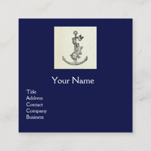 ANTIQUE ANCHOR & FISH NAUTICAL Navy Blue Monogram Square Business Card
