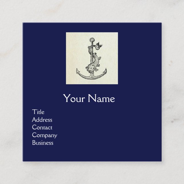 ANTIQUE ANCHOR & FISH NAUTICAL Navy Blue Monogram Square Business Card (Front)