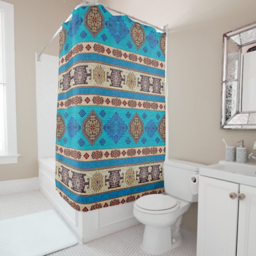 Antique Aqua Blue Pale Gold Turkish Kilim Rug Shower Curtain