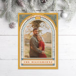 Antique Arch Holly Deco Mustard Holiday Photo Card<br><div class="desc">Edit and customize to change the greeting,  family name,  year,  and fonts and message on the back. Customize further to add more text or more photos to the back side.</div>