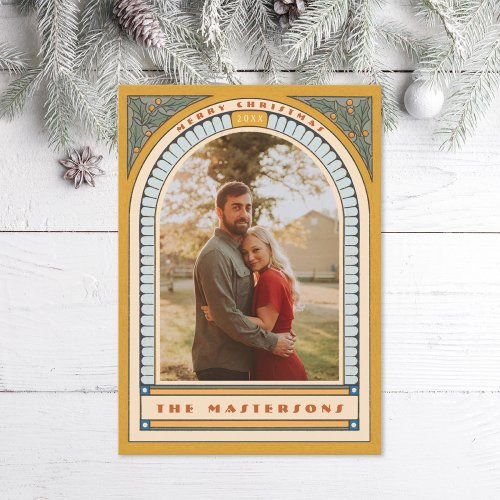 Antique Arch Holly Deco Mustard Holiday Photo Card