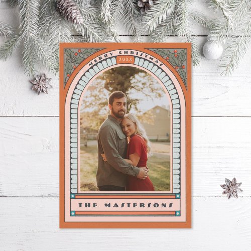 Antique Arch Holly Deco Orange Holiday Photo Card