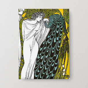 Antique Art Nouveau Woman and Peacock Poster Button