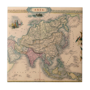 Antique Asia Map in Sepia with Pastel Regions Ceramic Tile