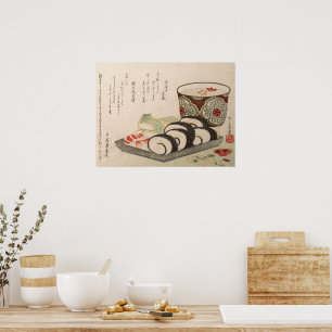 Antique Asian Japanese Poem Wood print Sushi Sake