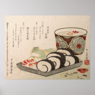 Antique Asian Japanese Poem Wood print Sushi Sake