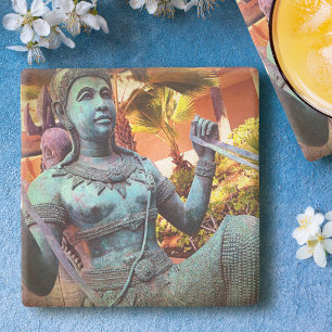 Antique Asian Turquoise Warrior Statue Photo Bold Stone Coaster