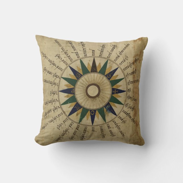 Antique Atlas Compass Rose Throw Pillow (Front)