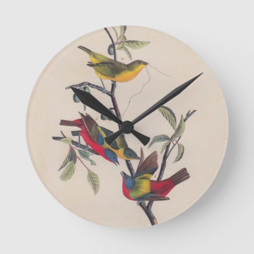 Antique Audubon Painted Bunting Bird Round Clock