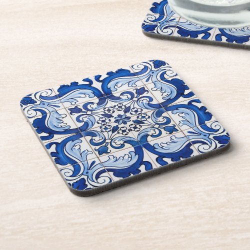 Antique Azulejo Tile Floral Pattern Drink Coaster