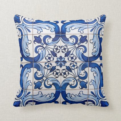 Antique Azulejo Tile Floral Pattern Throw Pillow