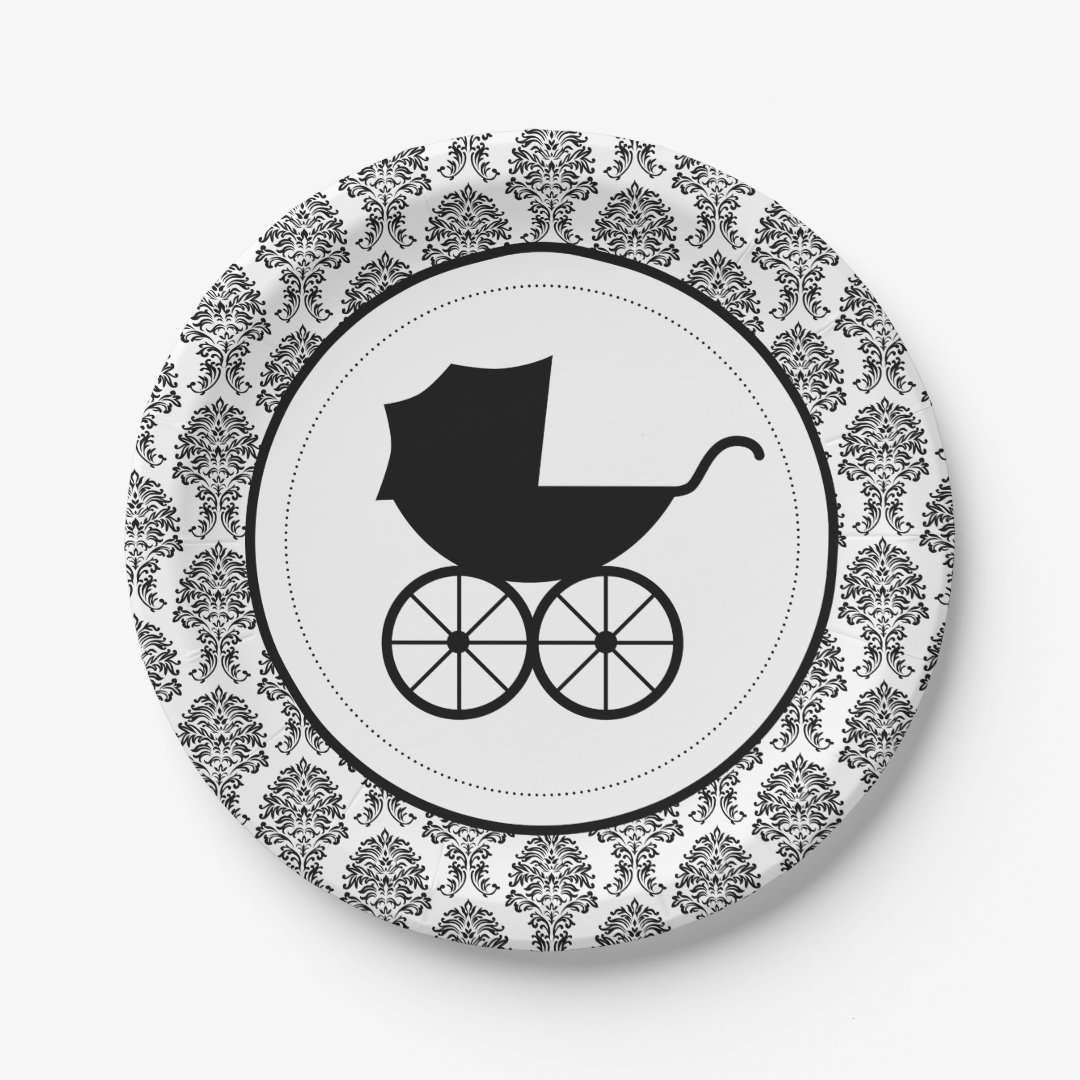 Antique Baby Carriage Elegant Damask Baby Shower Paper Plates Zazzle