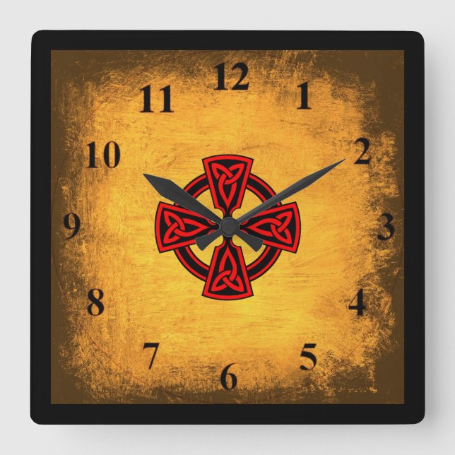 Antique Background Red Celtic Cross Wall Clock (Front)