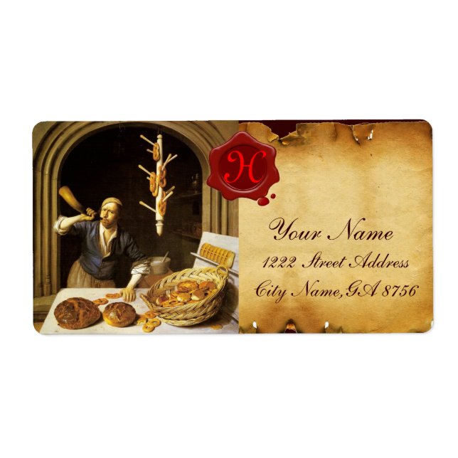 ANTIQUE  BAKER BAKERY BREAD SHOP WAX SEAL MONOGRAM LABEL (Front)