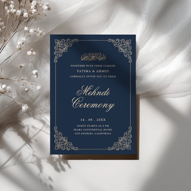Antique Baroque Frame Navy Blue Mehndi Ceremony Invitation (Creator Uploaded)
