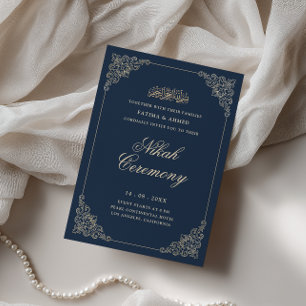 Antique Baroque Frame Navy Blue Nikah Ceremony Invitation