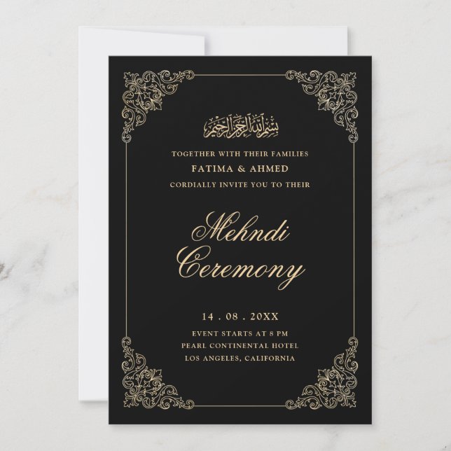 Antique Baroque Gold Script Black Mehndi Ceremony Invitation (Front)