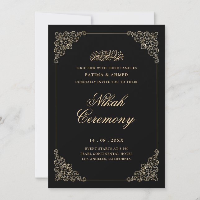 Antique Baroque Gold Script Black Nikah Ceremony Invitation (Front)