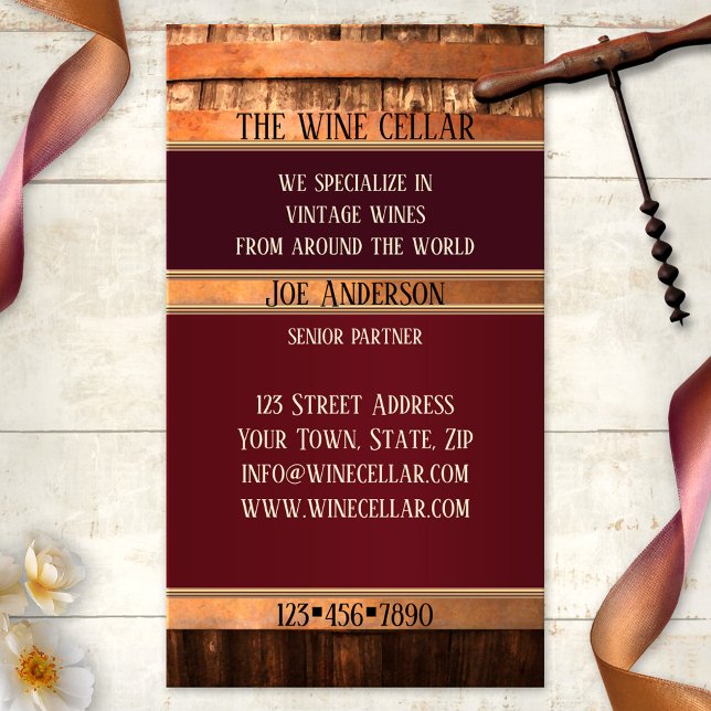 Antique Barrel Rustic Wine Seller Business Card (Business card featuring a rustic wine barrel with stylized rose gold - winery - vineyard - sommelier)