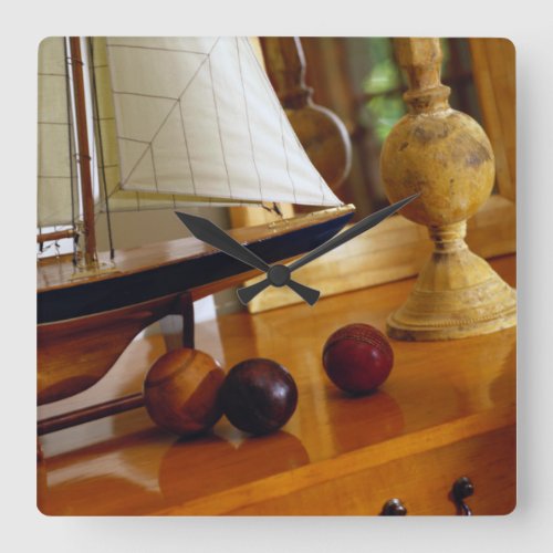 Antique Baseballs On A Table By A Model Sailboat Square Wall Clock