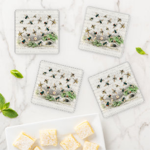 Antique Bee Honey Worker Queen Bees Vintage Coaster Set