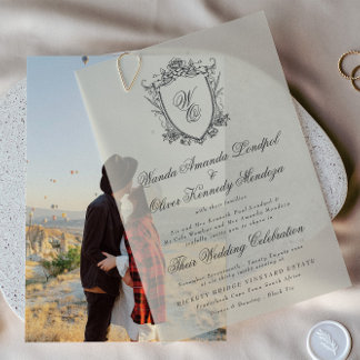 Antique Beige Floral Vintage Crest Photo Wedding Vellum Invitations