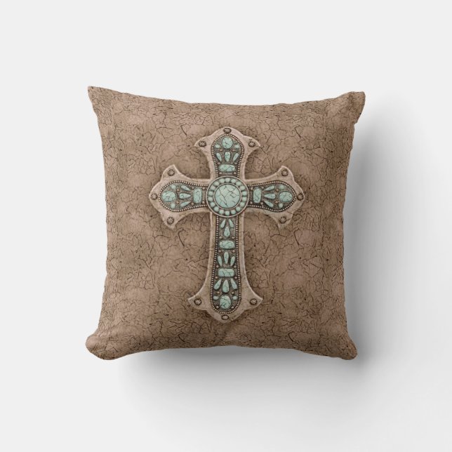 Antique Beige Rustic Cross Throw Pillow (Front)