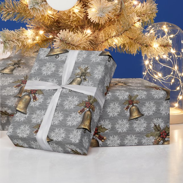 Antique Bells and Snowflakes on Steel Gray Wrapping Paper (Holidays)