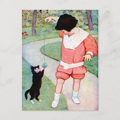 ANTIQUE BEST FRIENDS GIRL PLAYS WITH KITTEN POSTCARD